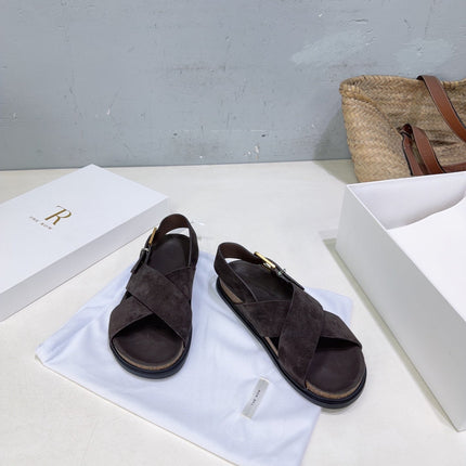 THE ROW 26S CROSS STRAP SANDALS IN DARK BROWN SUEDE