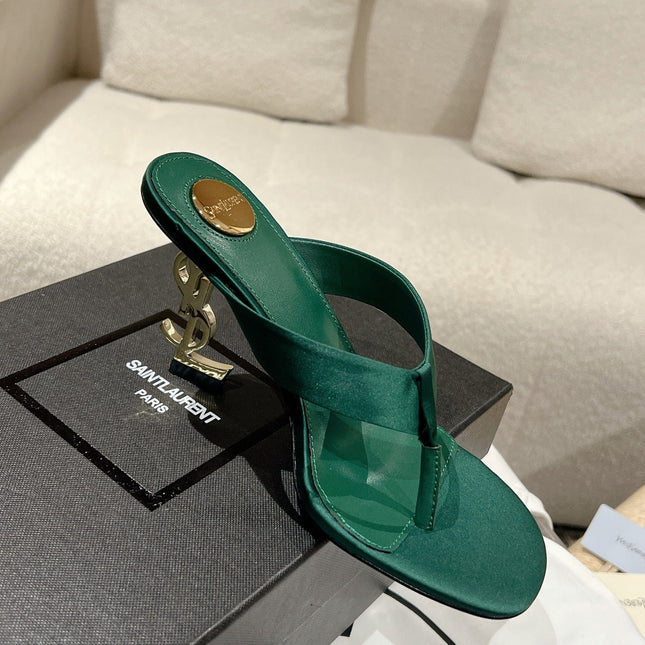 YSL 26S HEELED THONG SANDALS 85 MM IN DARK GREEN SATIN