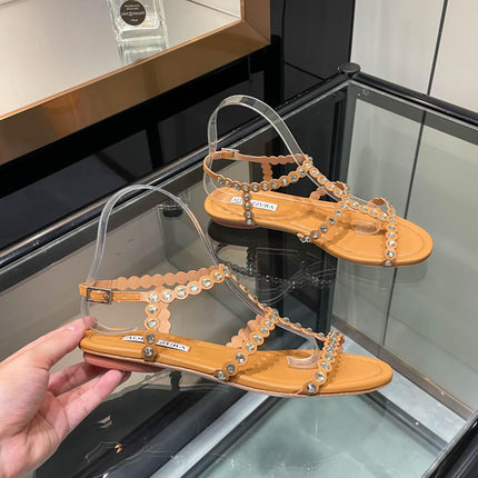 AQUAZZURA 26S FLAT SANDALS IN CAMEL CALFSKIN CRYSTAL EMBELLISHED
