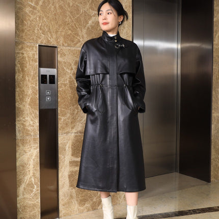 HERMES 25S LONG LEATHER JACKET WITH DRAWSTRING WAIST 170