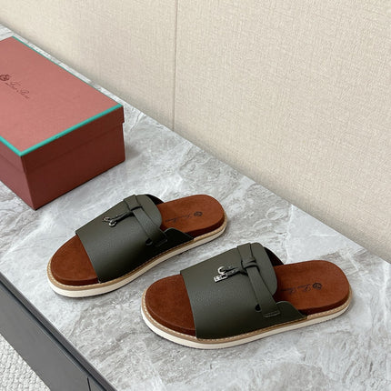 LP 26S LOCK MULE SLIDES IN OLIVE GREEN CALFSKIN SILVER HARDWARE
