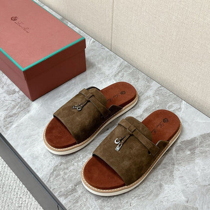 LP 26S LOCK MULE SLIDES IN OLIVE BROWN SUEDE SILVER HARDWARE
