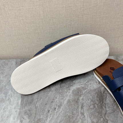 LP 26S LOCK CHARM SLIDES IN NAVY BLUE CALFSKIN SILVER HARDWARE