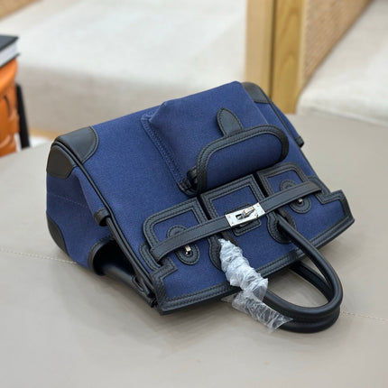 HM 25S BIRKIN CARGO 25 CM IN NAVY BLUE CANVAS AND BLACK SWIFT WITH SILVER HARDWARE