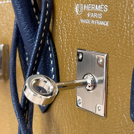 HM 25S BIRKIN 25 CM IN EARTH BROWN AND NAVY BLUE COWHIDE WITH KEY SILVER