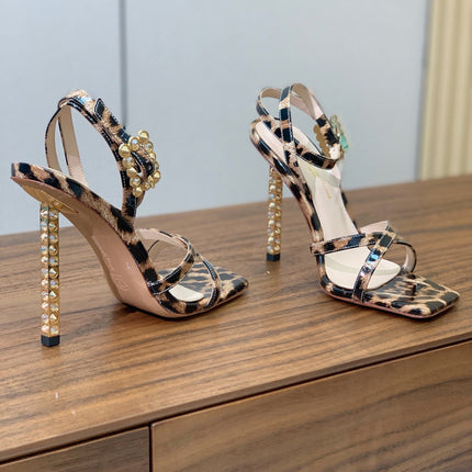 GIANVITO ROSSI 26S CRYSTAL HEELS 105 MM IN LEOPARD PRINT PATENT LAMBSKIN