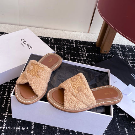 CELINE 26S TRIOMPHE FLAT SLIDES IN PEACH BEIGE WOOL