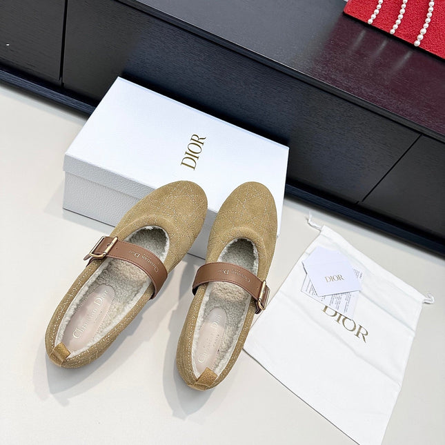 DIOR 26S FROST BALLET FLAT IN LIGHT BROWN CANNAGE SUEDE AND CALFSKIN