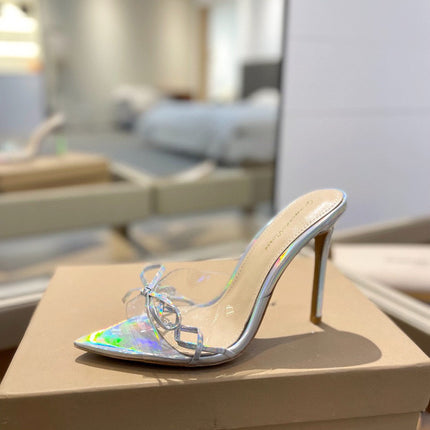 GIANVITO ROSSI 26S HEELED SANDALS 105 MM IN IRIDESCENT SILVER PATENT CALFSKIN WITH BOW