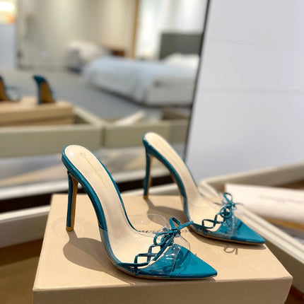 GIANVITO ROSSI 26S HEELED SANDALS 105 MM IN TEAL BLUE PATENT CALFSKIN WITH BOW