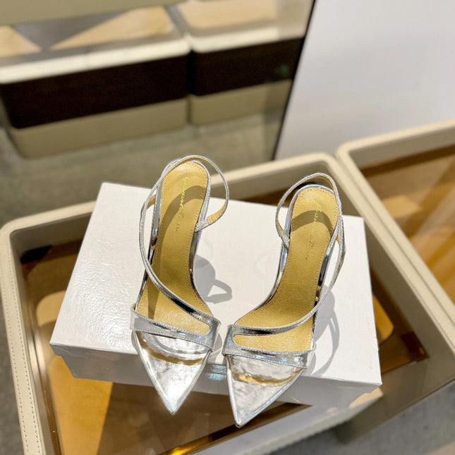GIANVITO ROSSI 26S STRAPPY HIGH-HEEL SANDALS 105 MM IN SILVER PATENT CALFSKIN