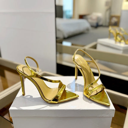 GIANVITO ROSSI 26S STRAPPY HIGH-HEEL SANDALS 105 MM IN GOLD PATENT CALFSKIN
