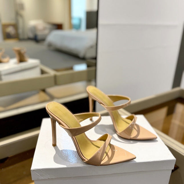 GIANVITO ROSSI 26S POINTED-TOE HEELED SANDALS 105 MM IN NUDE PATENT CALFSKIN