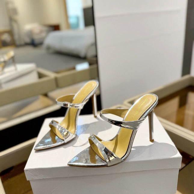 GIANVITO ROSSI 26S POINTED-TOE HEELED SANDALS 105 MM IN SILVER PATENT CALFSKIN