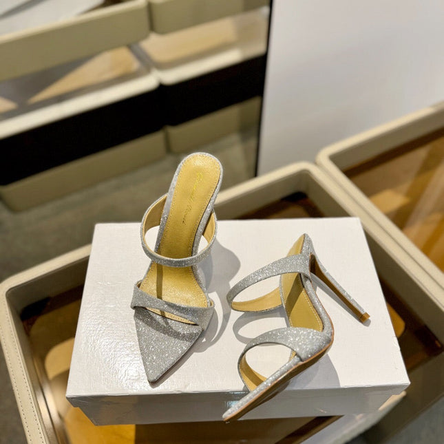 GIANVITO ROSSI 26S HEELED SANDALS 105 MM IN SILVER GLITTER