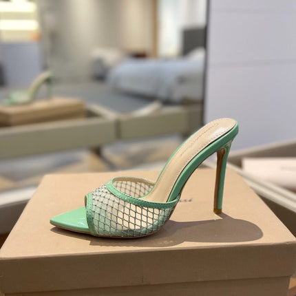 GIANVITO ROSSI 26S HEELED SANDALS 105 MM IN MINT GREEN MESH FABRIC AND CALFSKIN