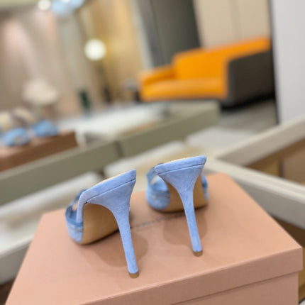 GIANVITO ROSSI 26S HEELED SANDALS 105 MM IN LIGHT BLUE SUEDE AND LACE