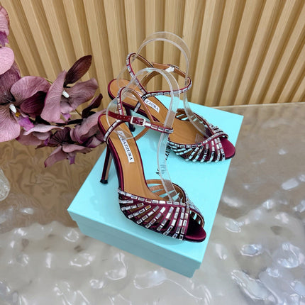 AQUAZZURA 26S CRYSTAL SANDALS 85 MM IN DARK RED SATIN