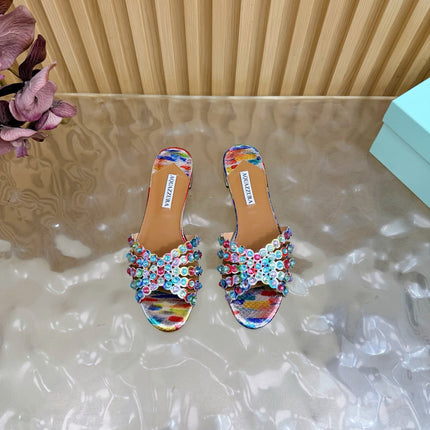 AQUAZZURA 26S SLIDES IN MULTICOLOR SNAKESKIN EMBOSSED LEATHER