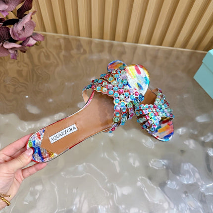 AQUAZZURA 26S SLIDES IN MULTICOLOR SNAKESKIN EMBOSSED LEATHER