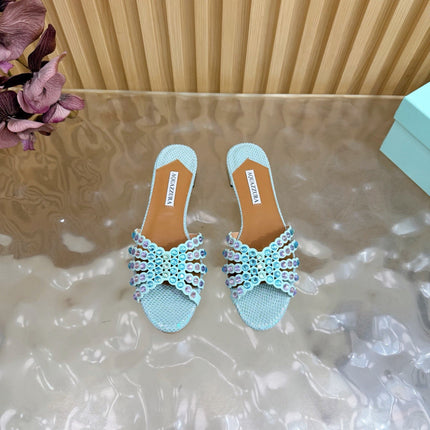 AQUAZZURA 26S SLIDES IN LIGHT BLUE SNAKESKIN EMBOSSED LEATHER