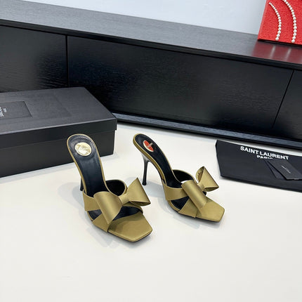 YSL 26S HEELED SANDALS 105 MM IN OLIVE GREEN SATIN