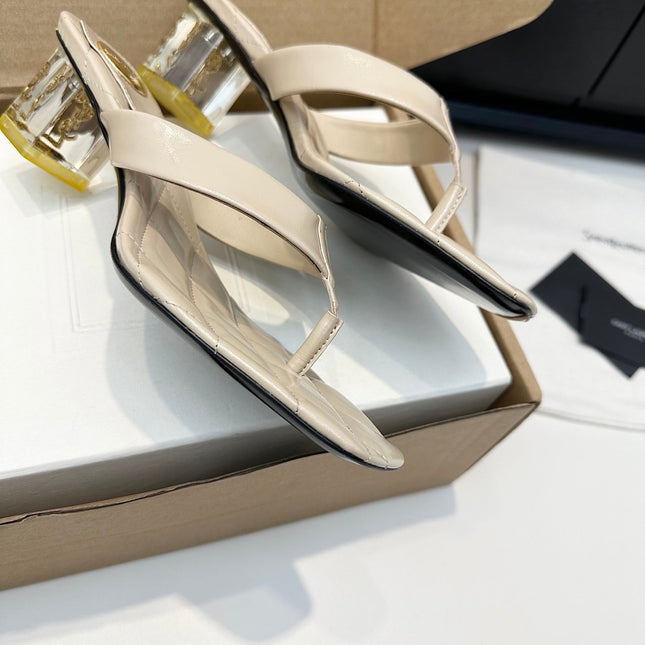 YSL 26S QUILTED THONG SANDALS 50 MM IN BEIGE LAMBSKIN