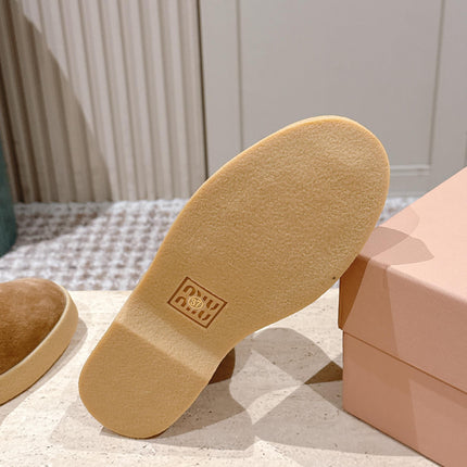 MIUMIU 25S SLIP-ON BOOTIES IN LIGHT BROWN SUEDE WITH FAUX SHEARLING
