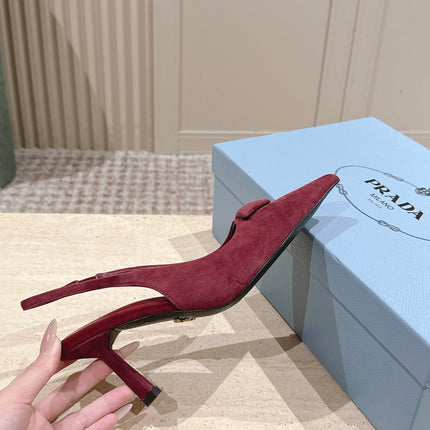 PRADA 26S POINTED-TOE SLINGBACK HEELS 75MM IN DARK RED SUEDE WITH LOGO