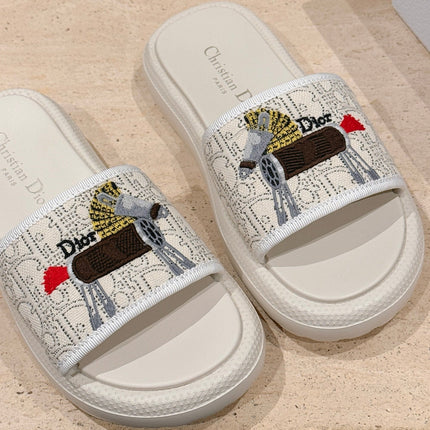 DIOR 26S SLIDE SANDALS IN WHITE LACE MONOGRAM EMBROIDERED CANVAS
