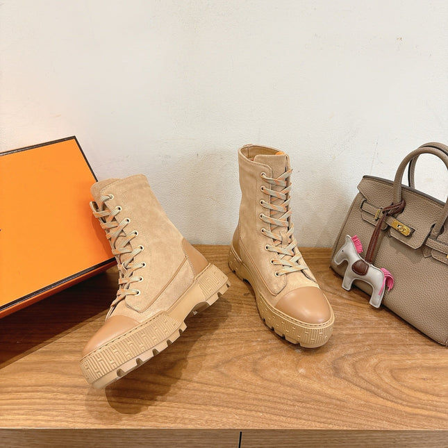HM 26S LACE-UP ANKLE BOOTS IN BEIGE LAMBSKIN AND SUEDE