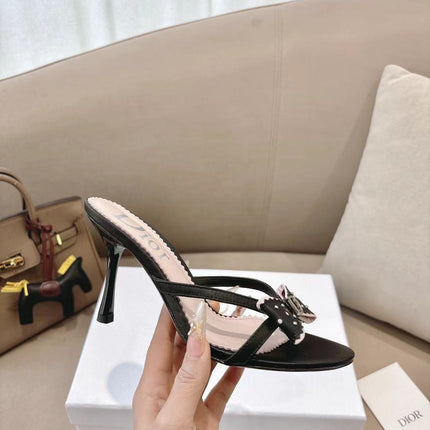 DIOR 26S KITTEN HEEL SANDALS 85MM IN BLACK CALFSKIN BOW STUDDED