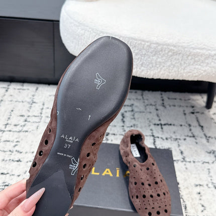 ALAIA 26S FLAT SLIP-ONS IN DARK BROWN SUEDE WITH OPENWORK PATTERN