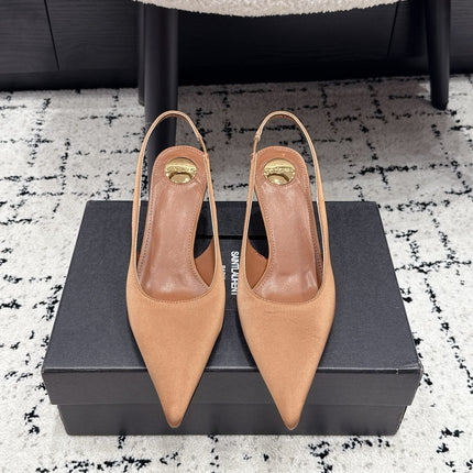 YSL 26S SLINGBACK PUMPS 60 MM IN CAMEL BROWN SATIN