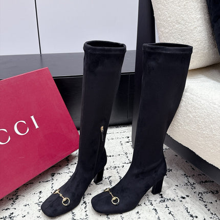 GUCCI 26S HORSEBIT KNEE-HIGH BOOTS 75 MM IN BLACK SUEDE