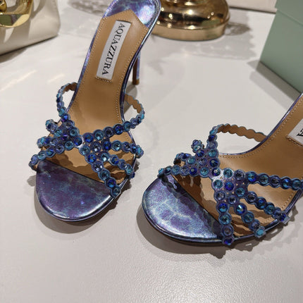 AQUAZZURA 26S HIGH-HEEL SANDALS 85 MM IN METALLIC PURPLE CALFSKIN