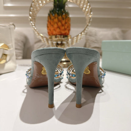 AQUAZZURA 26S HIGH-HEEL SANDALS 85 MM IN DUSTY BLUE SUEDE