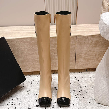 CHANEL 26S KNEE HIGH BOOTS 90 MM IN BEIGE CALFSKIN AND BLACK PATENT