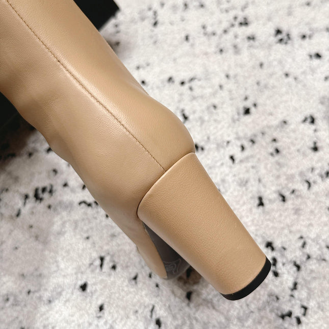 CHANEL 26S KNEE HIGH BOOTS 90 MM IN BEIGE CALFSKIN AND BLACK PATENT