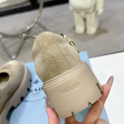 PRADA 25S PLATFORM MARY JANE SHOES IN BEIGE SUEDE STYLE 4