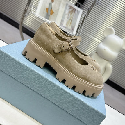 PRADA 25S PLATFORM MARY JANE SHOES IN BEIGE SUEDE STYLE 4