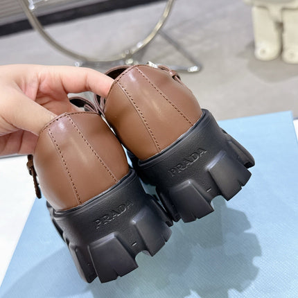 PRADA 25S PLATFORM MARY JANE SHOES IN BROWN CALFSKIN