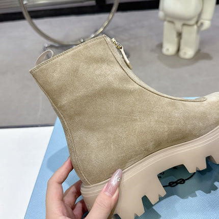 PRADA 25S ZIP-UP ANKLE BOOTS IN BEIGE SUEDE