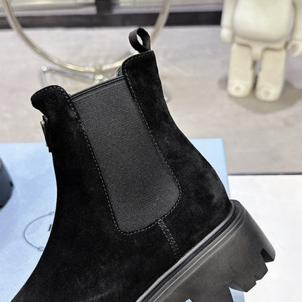 PRADA 25S RETRO PLATFORM MARTIN ANKLE BOOTS IN BLACK SUEDE