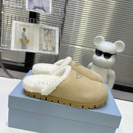 PRADA 25S FUR-LINED MULES IN BEIGE SUEDE