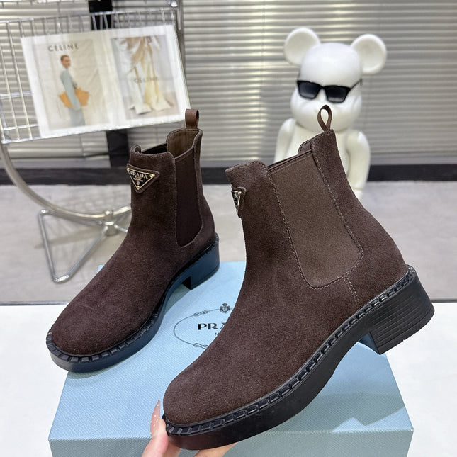 PRADA 25S RETRO PLATFORM MARTIN BOOTS IN DARK BROWN SUEDE