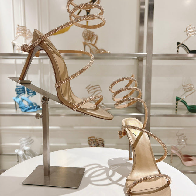 RENE CAOVILLA HIGH HEELS 100MM IN GOLD CRYSTAL STRAP