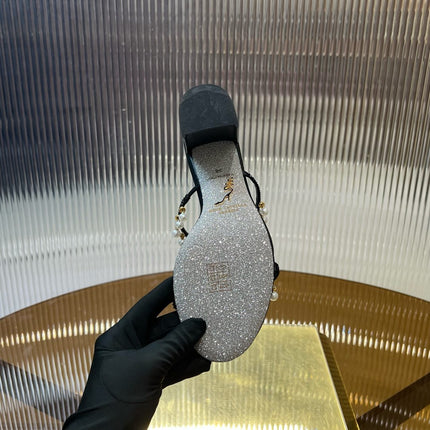 HIGH 95 MM BLOCK HEEL SANDAL IN BLACK GRAINY PEARLIZED LAMBSKIN