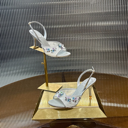 RENE CAOVILLA 26S HIGH-HEEL SANDALS 75 MM IN WHITE MESH AND SILVER LAMBSKIN FLOWER-EMBELLISHED