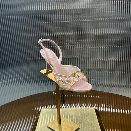 RENE CAOVILLA 26S HIGH-HEEL SANDALS 75 MM IN BEIGE LAMBSKIN FLOWER-EMBELLISHED